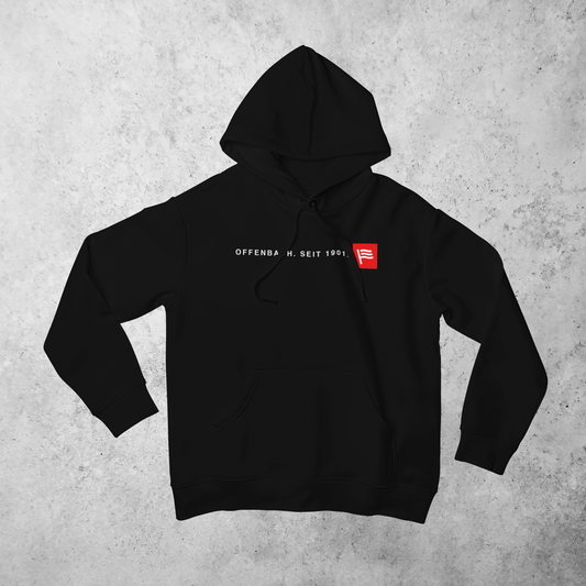 Schwarzer Hoodie mit kleinem roten Fahnen Logo auf der Frontseite
