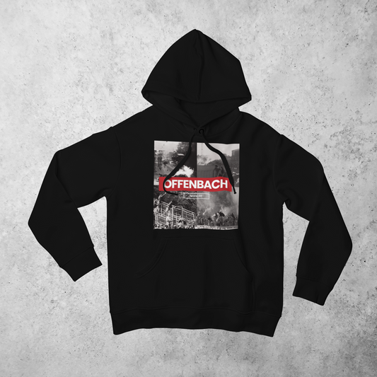 Schwarzer Hoodie mit Collage-Motiv aus dem Stadionumfeld und rotem Offenbach-Schriftzug