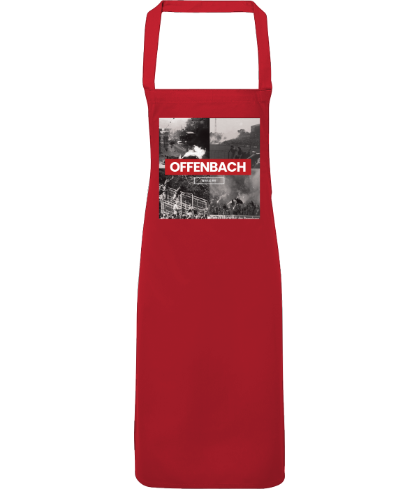 Rote Küchenschürze mit OFCast Stadion-Collagenprint – Fanmerch fürs Grillen oder Kochen
