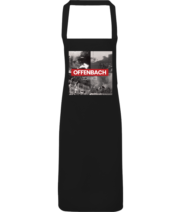 Schwarze Grillschürze mit Stadion-Collage und roten Offenbach-Akzenten – ideal für Fans